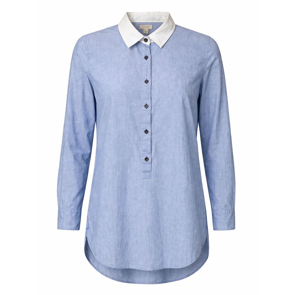 J.Crew XXS Blue Tunic Button Down Shirt White Collar Preppy Cotton Long Sleeve